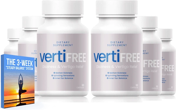 VertiFree six bottles with the 3-Week Steady Balance System guide